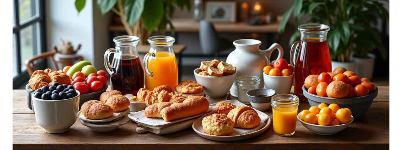 A beautiful spread of catered coffee carafes, artisanal pastries, and fresh fruit platter ready for an event