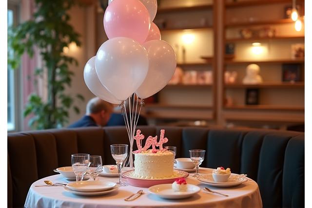 Cafe interior decorated for a small birthday party, showing balloons and cake.