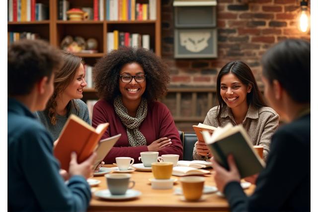 Group of people gathered for a book club, with books, coffee cups, and lively discussion.
