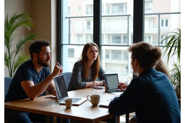 A casual business meeting set up in the cafe, with notebooks, coffee, and a few people conversing.