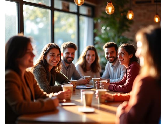 People gathered happily at a community event inside The Daily Grind & Gather cafe, laughing and interacting.