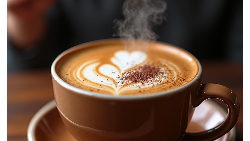 Artisanal coffee being poured into a cup with latte art, steam rising