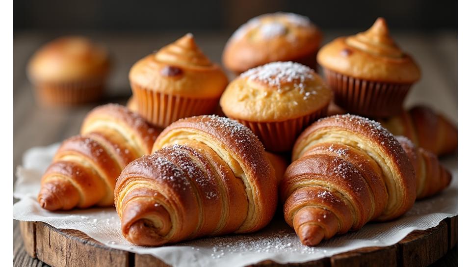 Assortment of golden-brown croissants, pain au chocolat, and muffins on a rustic wooden board