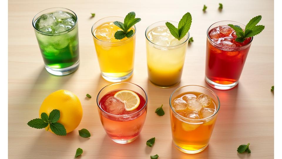 Variety of colorful tea lattes and iced teas on a wooden table