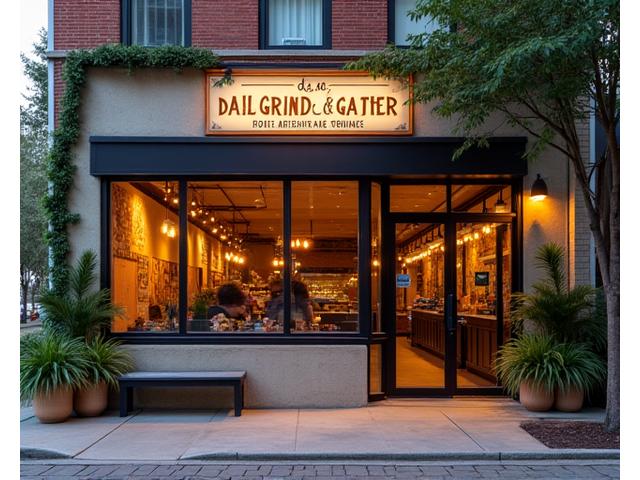 The Daily Grind & Gather cafe facade with warm inviting lights