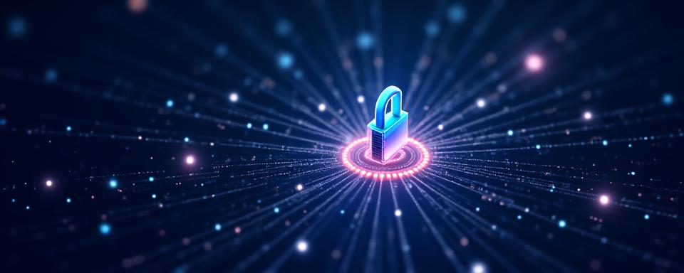 Abstract representation of data security, with a padlock icon over glowing interconnected lines, symbolizing privacy and protection in a digital environment.